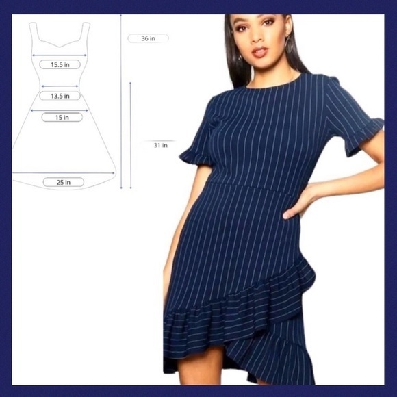 Boohoo Navy Ruffled Asymmetrical Hem Pinstripe Dress - Picture 1 of 14